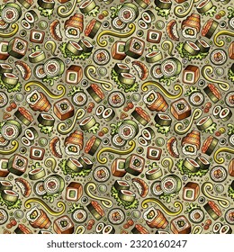 Cartoon cute hand drawn Japan food seamless pattern. Colorful with lots of objects background. Endless funny vector illustration. Bright colors backdrop with japanese cuisine symbols and items