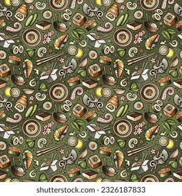 Cartoon cute hand drawn Japan food seamless pattern. Colorful with lots of objects background. Endless funny vector illustration. Bright colors backdrop with japanese cuisine symbols and items