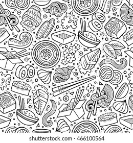 Cartoon cute hand drawn Japan food seamless pattern. Line art with lots of objects background. Endless funny vector illustration. Sketchy backdrop with japanese cuisine symbols and items