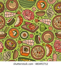 Cartoon cute hand drawn Japan food seamless pattern. Colorful with lots of objects background. Endless funny vector illustration. Bright colors backdrop with japanese cuisine symbols and items