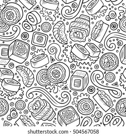 Cartoon cute hand drawn Japan food seamless pattern. Line art with lots of objects background. Endless funny vector illustration. Sketchy backdrop with japanese cuisine symbols and items