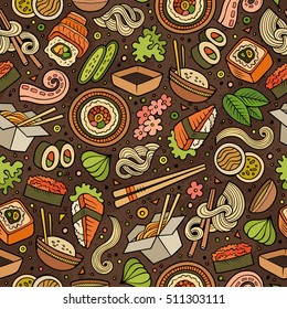 Cartoon cute hand drawn Japan food seamless pattern. Colorful with lots of objects background. Endless funny vector illustration. Bright colors backdrop with japanese cuisine symbols and items