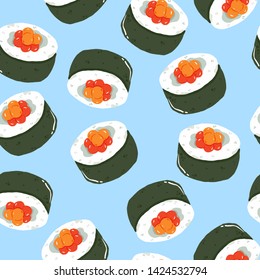 Cartoon cute hand drawn Japanese food seamless pattern. Sushi rolls seamless pattern
