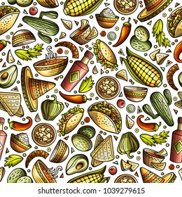 Cartoon cute hand drawn Mexican food seamless pattern. Colorful detailed, with lots of objects background. Endless funny vector illustration.