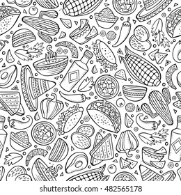 Cartoon cute hand drawn Mexican food seamless pattern. Line art detailed, with lots of objects background. Endless funny vector illustration.