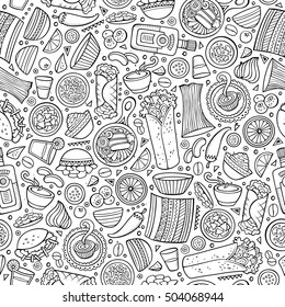 Cartoon cute hand drawn Mexican food seamless pattern. Line art detailed, with lots of objects background. Endless funny vector illustration.