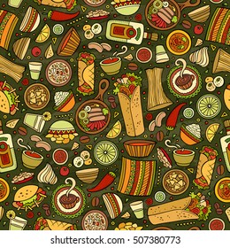 Cartoon cute hand drawn Mexican food seamless pattern. Colorful detailed, with lots of objects background. Endless funny vector illustration.