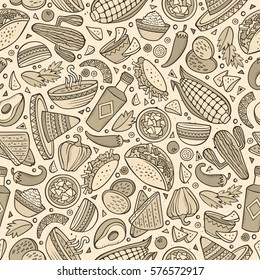 Cartoon cute hand drawn Mexican food seamless pattern. Monochrome detailed, with lots of objects background. Endless funny vector illustration.