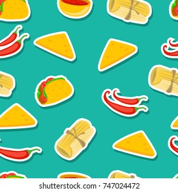 Cartoon cute hand drawn Mexican food seamless pattern. Colorful detailed, with lots of objects background. Endless funny vector illustration. Vector Seamless Pattern Template