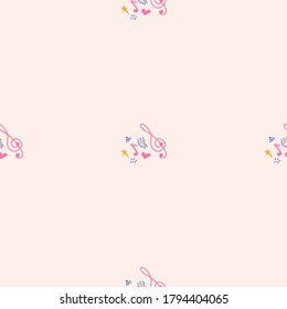 Cartoon cute hand drawn Musical seamless pattern. Colorful detailed. Bright colors backdrop with music symbols and items