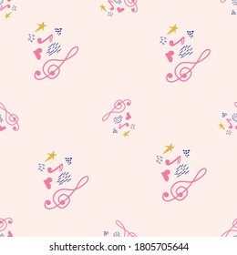 Cartoon cute hand drawn Musical seamless pattern. Colorful detailed. Bright colors backdrop with music symbols and items