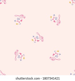Cartoon cute hand drawn Musical seamless pattern. Colorful detailed. Bright colors backdrop with music symbols and items