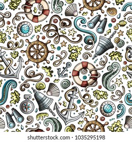 Cartoon cute hand drawn nautical, marine seamless pattern. Colorful detailed, with lots of objects background. Endless funny vector illustration. Bright colors backdrop.