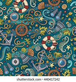Cartoon cute hand drawn nautical, marine seamless pattern. Colorful detailed, with lots of objects background. Endless funny vector illustration. Bright colors backdrop.