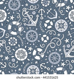 Cartoon cute hand drawn nautical, marine seamless pattern. Monochrome detailed, with lots of objects background. Endless funny vector illustration.