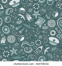 Cartoon cute hand drawn nautical, marine seamless pattern. Monochrome detailed, with lots of objects background. Endless funny vector illustration
