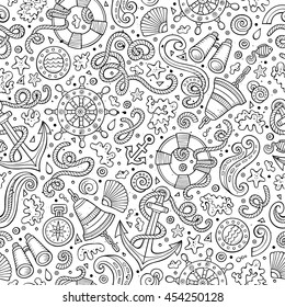 Cartoon cute hand drawn nautical, marine seamless pattern. Line art sketchy detailed, with lots of objects background. Endless funny vector illustration.