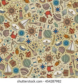 Cartoon cute hand drawn nautical, marine seamless pattern. Line art vintage detailed, with lots of objects background. Endless funny vector illustration.