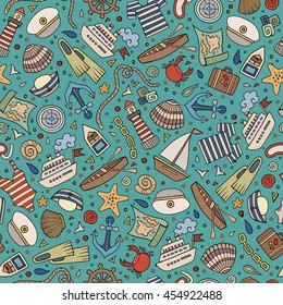 Cartoon cute hand drawn nautical, marine seamless pattern. Line art vintage detailed, with lots of objects background. Endless funny vector illustration.