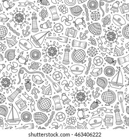 Cartoon cute hand drawn nautical, marine seamless pattern. Line art vintage detailed, with lots of objects background. Endless funny vector illustration.