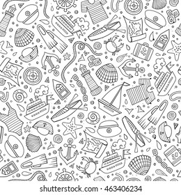 Cartoon cute hand drawn nautical, marine seamless pattern. Line art vintage detailed, with lots of objects background. Endless funny vector illustration.