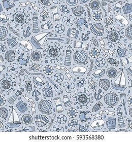 Cartoon cute hand drawn nautical, marine seamless pattern. Monochrome vintage detailed, with lots of objects background. Endless funny vector illustration.