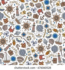 Cartoon cute hand drawn nautical, marine seamless pattern. Line art vintage detailed, with lots of objects background. Endless funny vector illustration.