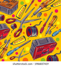 Cartoon cute hand drawn objects pattern. Colorful detailed, with lots of objects background. Endless funny vector illustration.