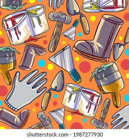 Dibujo lindo patrón de objetos dibujados a mano. Colorido y detallado, con muchos objetos de fondo. Ilustración vectorial interminable y divertida.