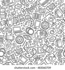 Cartoon cute hand drawn Photo seamless pattern. Line art detailed, with lots of objects background. Endless funny vector illustration. Sketch photographer backdrop.