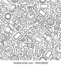 Cartoon cute hand drawn Photo seamless pattern. Line art detailed, with lots of objects background. Endless funny vector illustration.