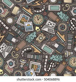 Cartoon cute hand drawn Photo seamless pattern. Colorful detailed, with lots of objects background. Endless funny vector illustration. Bright colors photographer backdrop.