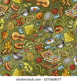Cartoon cute hand drawn Picnic seamless pattern. Colorful detailed, with lots of objects background. Endless funny vector illustration