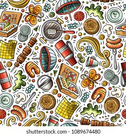 Cartoon cute hand drawn Picnic seamless pattern. Colorful detailed, with lots of objects background. Endless funny vector illustration