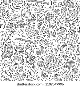 Cartoon cute hand drawn Picnic seamless pattern. Line art detailed, with lots of objects background. Endless funny vector illustration