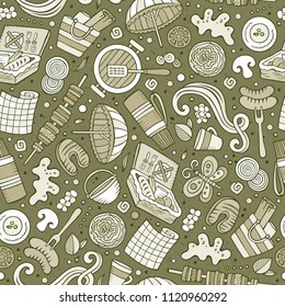 Cartoon cute hand drawn Picnic seamless pattern. Detailed, with lots of objects background. Endless funny vector illustration