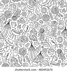 Cartoon cute hand drawn Picnic seamless pattern. Line art detailed, with lots of objects background. Endless funny vector illustration
