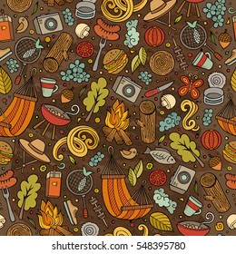 Cartoon cute hand drawn Picnic seamless pattern. Colorful detailed, with lots of objects background. Endless funny vector illustration