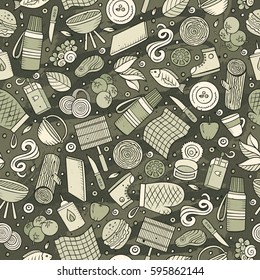 Cartoon cute hand drawn Picnic seamless pattern. Detailed, with lots of objects background. Endless funny vector illustration