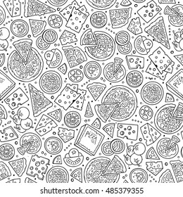 Cartoon cute hand drawn Pizza seamless pattern. Line art with lots of objects background. Endless funny vector illustration. Sketch backdrop with fastfood symbols and items