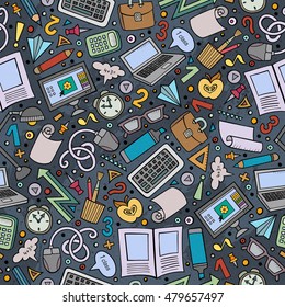 Cartoon cute hand drawn School seamless pattern. Colorful detailed, with lots of objects background. Endless funny vector illustration. Bright colors education backdrop.