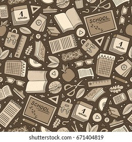 Cartoon cute hand drawn School seamless pattern. Line art detailed, with lots of objects background. Endless funny vector illustration. Sketchy education backdrop.