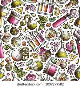 Cartoon cute hand drawn Science seamless pattern. Colorful detailed, with lots of objects background. Endless funny vector illustration. Bright colors scientific backdrop.