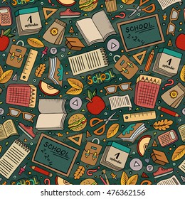 Cartoon cute hand drawn Science seamless pattern. Colorful detailed, with lots of objects background. Endless funny vector illustration. Bright colors scientific backdrop.