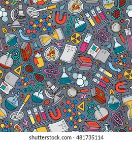 Cartoon cute hand drawn Science seamless pattern. Colorful detailed, with lots of objects background. Endless funny vector illustration. Bright colors scientific backdrop.