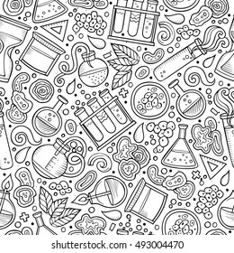 Cartoon cute hand drawn Science seamless pattern. Line art detailed, with lots of objects background. Endless funny vector illustration. Sketchy scientific backdrop.