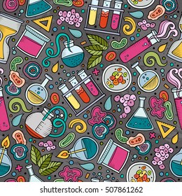 Cartoon cute hand drawn Science seamless pattern. Colorful detailed, with lots of objects background. Endless funny vector illustration. Bright colors scientific backdrop.