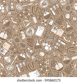 Cartoon cute hand drawn Science seamless pattern. Line art detailed, with lots of objects background. Endless funny vector illustration. Monochrome scientific backdrop.