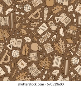 Cartoon cute hand drawn Science seamless pattern. Line art detailed, with lots of objects background. Endless funny vector illustration. Sketchy scientific backdrop.