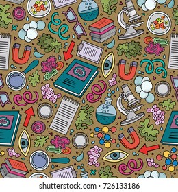 Cartoon cute hand drawn Science seamless pattern. Colorful detailed, with lots of objects background. Endless funny vector illustration. Bright colors scientific backdrop.